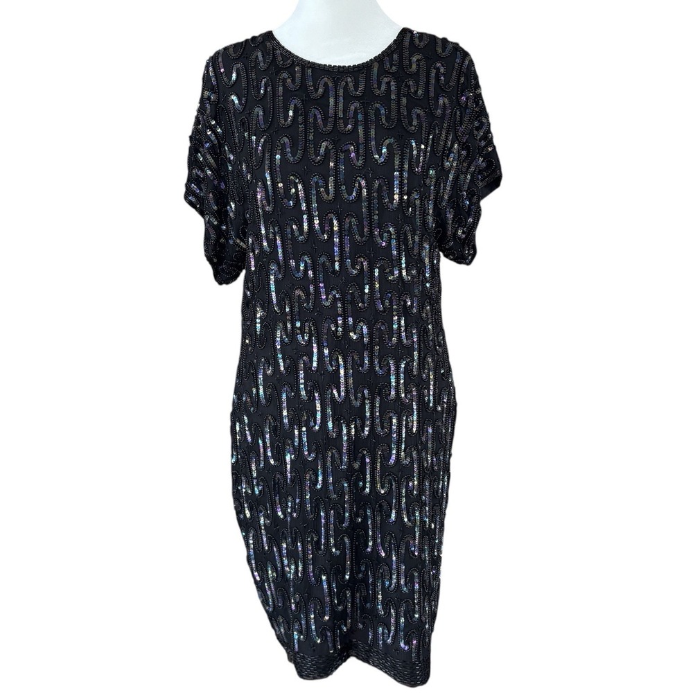 Vintage Stenay Silk Beaded Party Cocktail Dress Women's 14 Black‎ Sheath Sequins